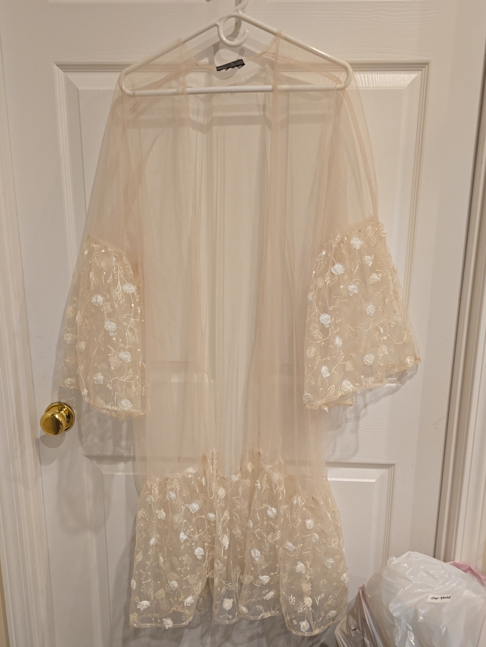 Sheer Embroidered Floral Kimono Duster - Cream